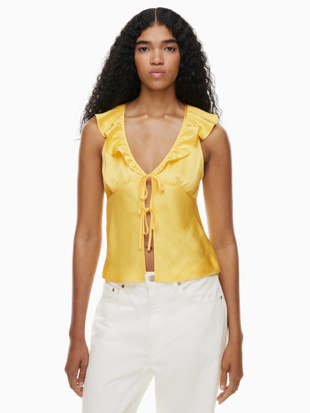 Aritzia Wilfred Tonka Yellow Satin Tie-Front Blouse Shirt Top
